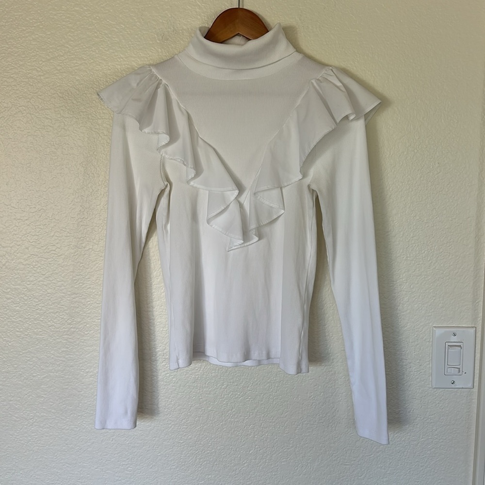 Veronica Beard Avalon White Ruffled Rib Knot Turtleneck Size small - Picture 2 of 7